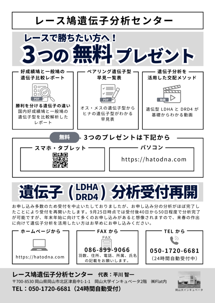 レース鳩遺伝子分析センター：10月号広告文